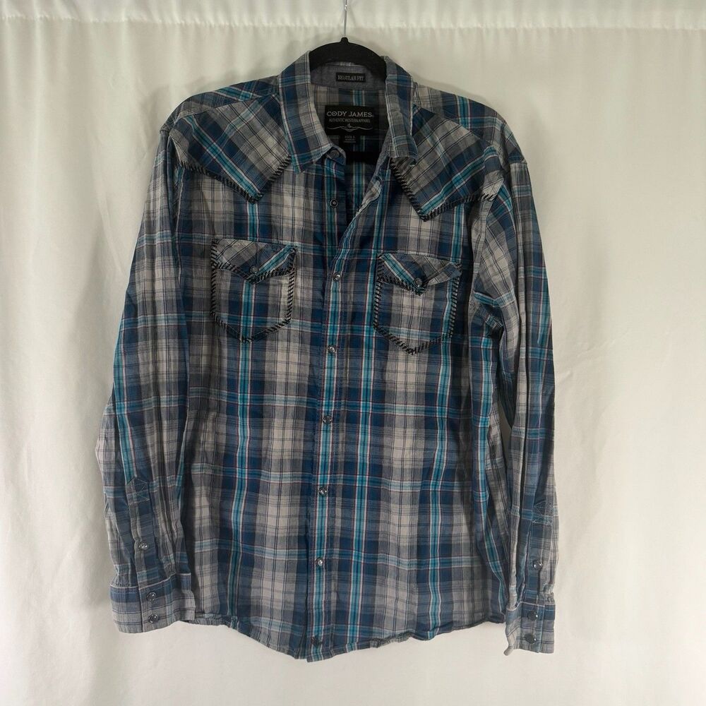 Cody James Pearl Snap Shirt Men's Large Blue Grey Plaid Western Long Sleeve
